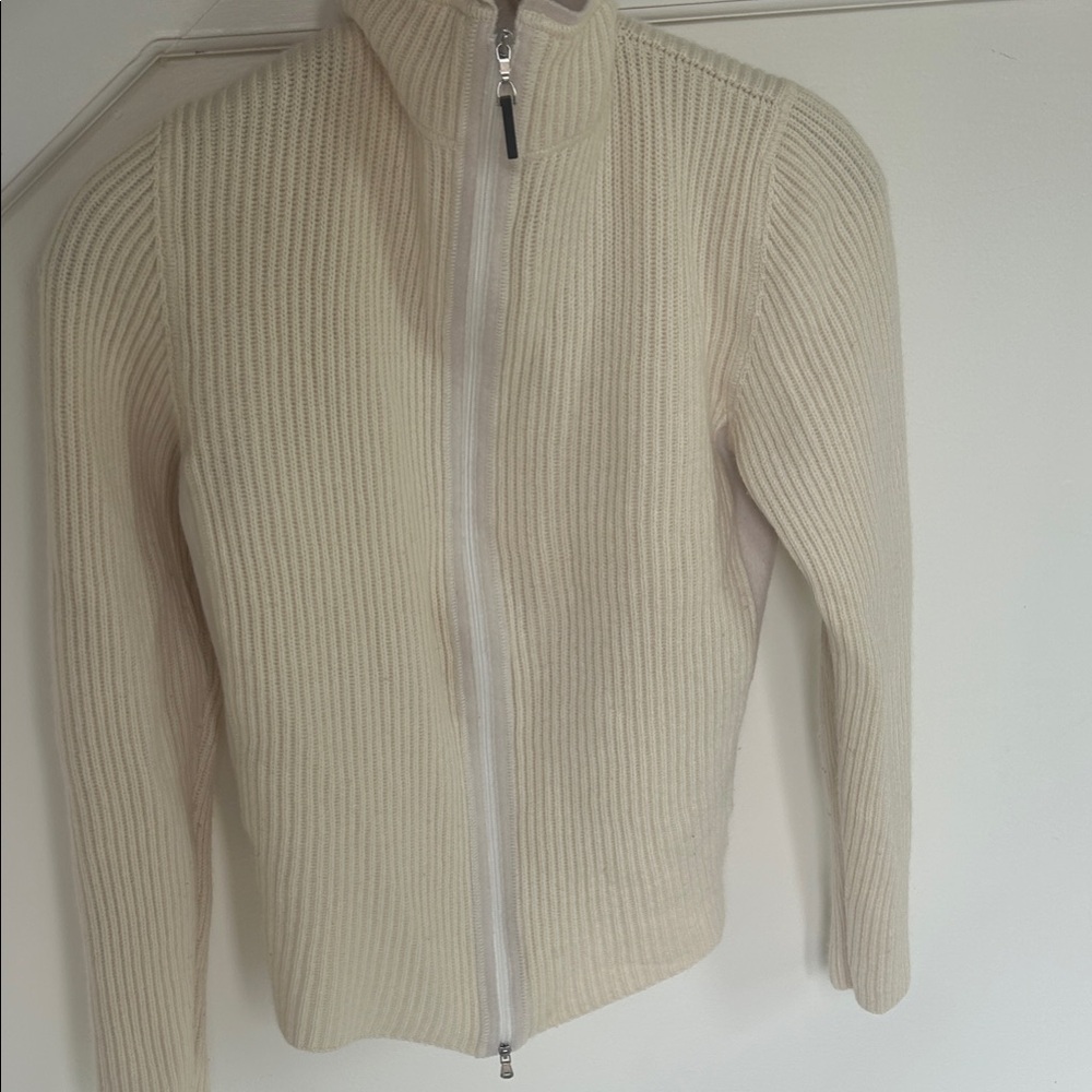 Brunello Cucinelli Cream Ribbed Zip-Up Cardigan Sweater 100% Cashmere